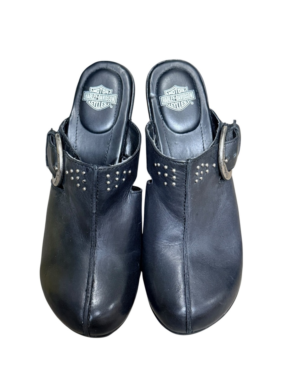 Harley-Davidson Leather Wedge Mule Clogs Black Studded Buckle Women’s 7 - Picture 2 of 13